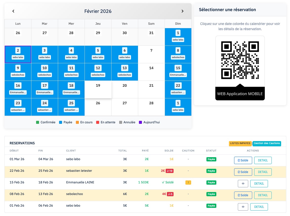 Dashboard Locnco — Calendrier de réservations