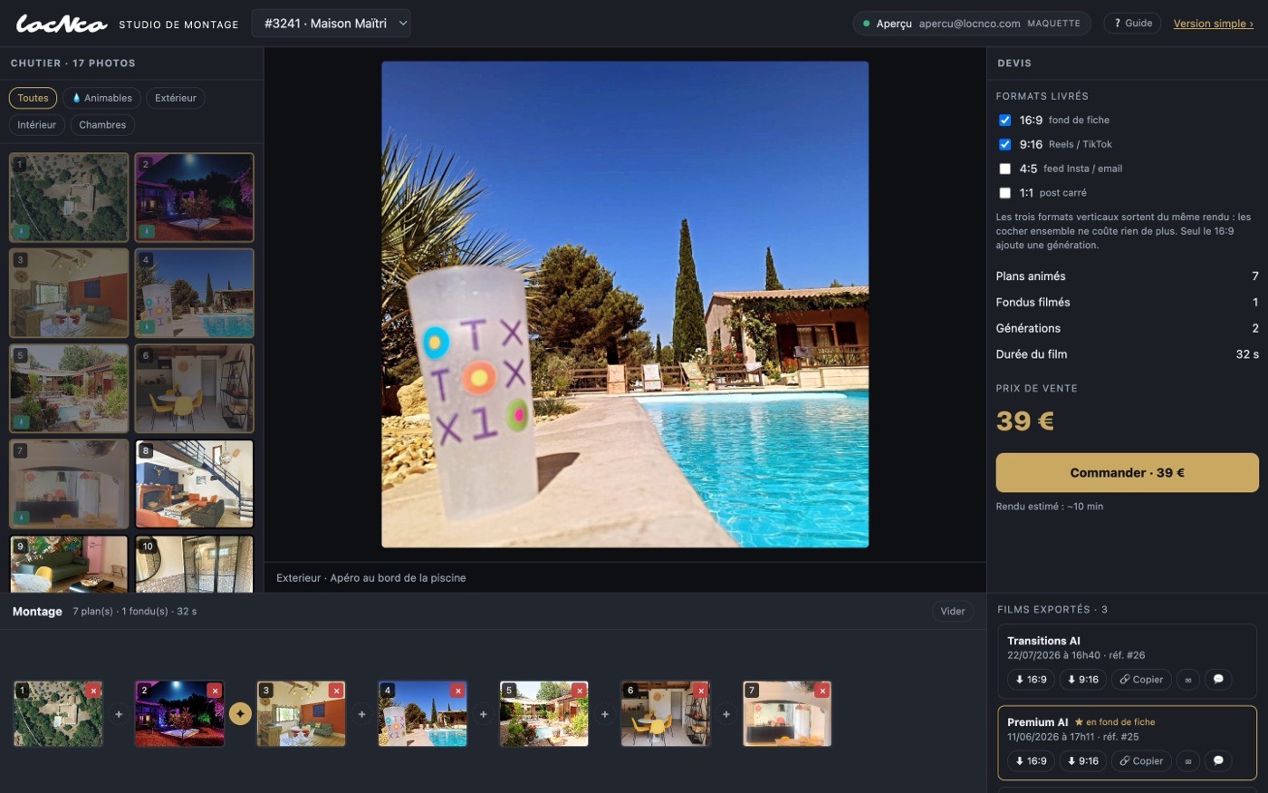 Le studio de montage LocNco : le chutier de photos à gauche, le montage en bas